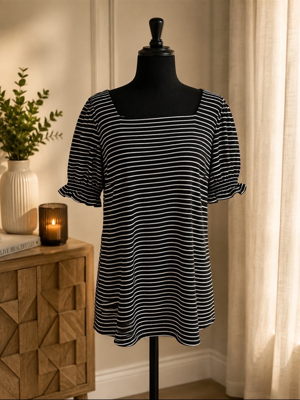 WIHOLL Black White Striped Square Neck Puff Sleeve Top Large